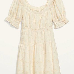 NWT OLD NAVY Puff-Sleeve Tiered Smocked Embroidered Cottagecore Dress / Size S